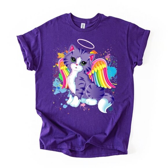 Retro Purple Angel Cat Tee Women's 90s Throwback Wings Graphic Shirt Y2K Kitsch - Picture 1 of 3